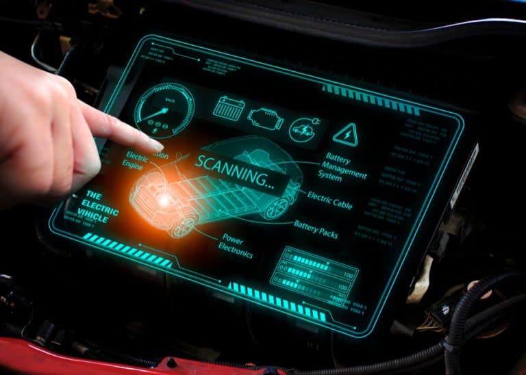 Digital vehicle scanning interface displaying electric vehicle diagnostics – LID Technologies cybersecurity and certification expertise for automotive embedded systems