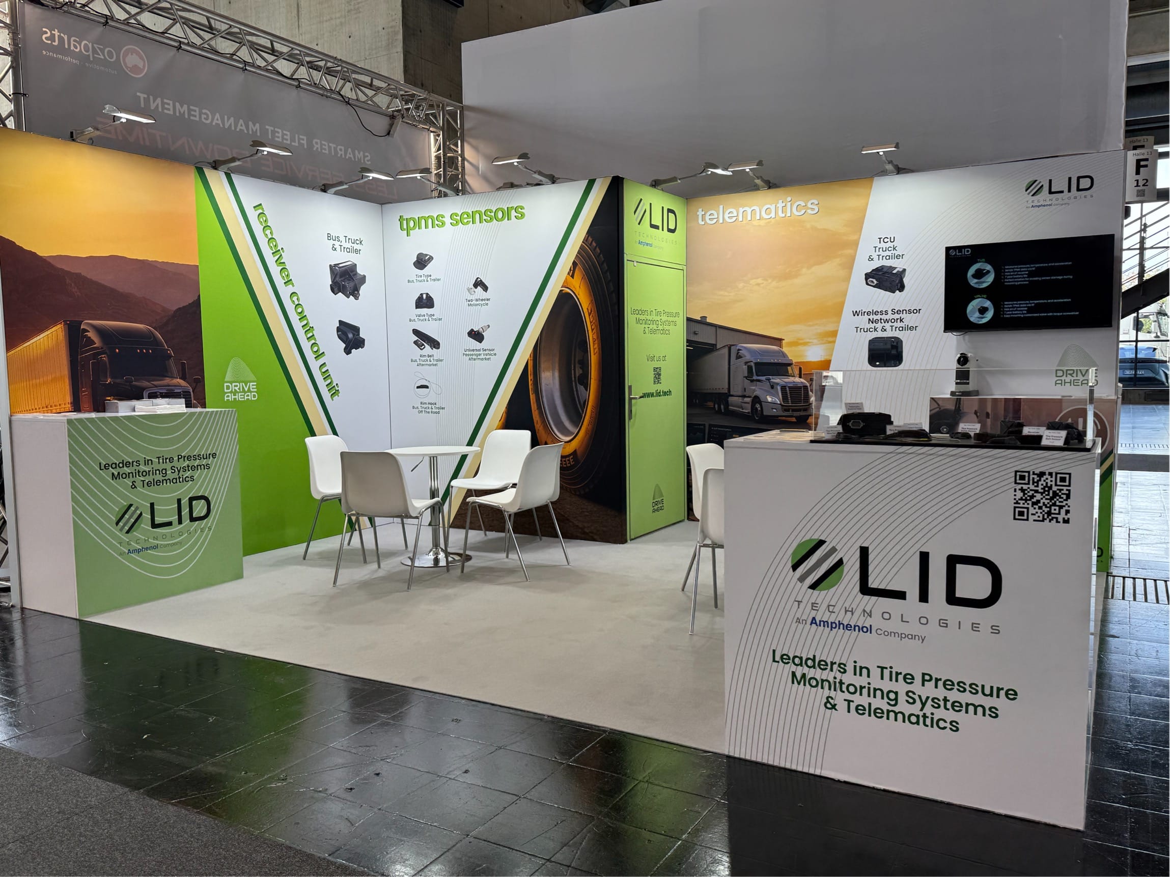 LID Technologies trade show booth showcasing TPMS sensors, receiver control units and telematics solutions for trucks and trailers.