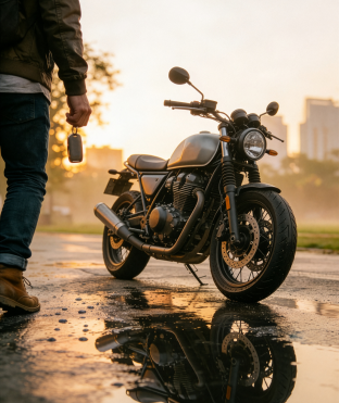 Motorcyclist holding a wireless key fob next to a motorcycle – LID Technologies Keyless Access system for two-wheelers