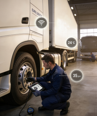 Technician checking truck tire pressure with tablet displaying wireless TPMS data – LID Technologies Tire Pressure Monitoring System for trucks and buses
