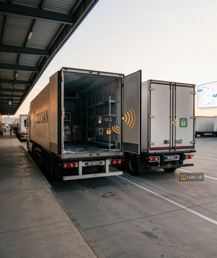Trucks at loading dock with wireless sensor network monitoring temperature, door lock and tire load – LID Technologies Wireless Sensor Network solution for trailers